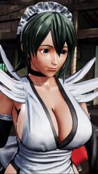 1girl 3d animated apron black_hair bouncing_breasts breast_focus breasts cleavage highres iroha_(samurai_spirits) jumping large_breasts lips looking_to_the_side maid maid_headdress samurai_spirits screencap short_hair smile solo tagme third-party_edit video wide_hips