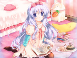Rule 34 | 1girl, bad id, bad pixiv id, banana, bed, black pantyhose, blue eyes, blush, book, book stack, bow, carrot, commentary request, cup, dress, food, fruit, full body, hair between eyes, hair bow, heart, heart-shaped pillow, hizukiryou, layered sleeves, long hair, long sleeves, looking at viewer, no shoes, open mouth, original, pantyhose, pillow, pink bow, plate, puffy short sleeves, puffy sleeves, rabbit, seiza, short over long sleeves, short sleeves, silver hair, sitting, solo, teacup, trash can, white dress