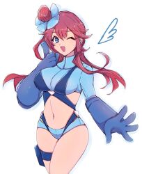 Rule 34 | 1girl, blue eyes, breasts, chemaru (a8l), creatures (company), crop top, game freak, gloves, highres, large breasts, long hair, long sleeves, micro shorts, nintendo, one eye closed, pokemon, pokemon bw, pouch, red hair, shorts, skyla (pokemon), thigh pouch, wink