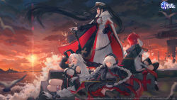 Rule 34 | 4girls, absurdres, azur lane, bibimbub, bird, black gloves, black hair, black jacket, black legwear, black skirt, blouse, box, braid, breasts, buttons, cape, closed mouth, cloud, cloudy sky, collared shirt, commentary, crop top, cropped shirt, cross, double-breasted, english commentary, floating hair, frilled skirt, frills, full body, garter straps, gloves, grey shirt, hand in own hair, hand on own hip, hat, highres, iron cross, jacket, jacket on shoulders, large breasts, logo, long hair, looking at viewer, medium breasts, military, military hat, military uniform, miniskirt, multiple girls, nurnberg (azur lane), ocean, official art, one eye closed, open mouth, orange sky, outdoors, parted bangs, peter strasser (azur lane), pier, prinz heinrich (azur lane), red cape, red eyes, red hair, ribbed shirt, scepter, ship, shirt, silver hair, sitting, skirt, sky, sleeveless, sleeveless shirt, smile, standing, sunset, thigh strap, thighhighs, thighs, twin braids, twintails, two-sided cape, two-sided fabric, two-tone cape, underboob, uniform, watercraft, watermark, weser (azur lane), white cape, white gloves, white headwear, white skirt, wind, wing collar, yokozuwari, zettai ryouiki