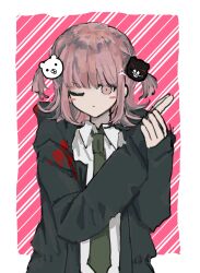 Rule 34 | 1girl, ;&lt;, alternate hair ornament, bear hair ornament, black jacket, blush stickers, borrowed clothes, collared shirt, cosplay, galaga, green jacket, green necktie, hair ornament, hand up, highres, hinata hajime, hinata hajime (cosplay), jacket, jiugyae, komaeda nagito, komaeda nagito (cosplay), long sleeves, looking at viewer, necktie, pink background, pink eyes, shirt, sleeves past wrists, solo, striped, striped background, upper body, white shirt
