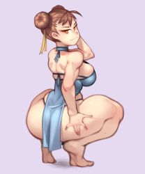 Rule 34 | 1girl, ass, bare arms, bare back, bare legs, bare shoulders, barefoot, blue dress, breasts, brown eyes, brown hair, capcom, chun-li, closed mouth, curvy, deep skin, double bun, dress, from behind, full body, hair bun, hair ribbon, highres, huge ass, kelvin hiu, large breasts, looking at viewer, purple background, ribbon, sideboob, simple background, soles, solo, squatting, street fighter, thick thighs, thighs, tiptoes