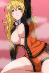 Rule 34 | 1girl, arm above head, arm over head, arm up, black jacket, black shorts, blonde hair, blue eyes, blush, breasts, breasts out, cleavage, facial mark, facing viewer, forehead protector, genderswap, genderswap (mtf), happy, igatto, jacket, konohagakure symbol, large breasts, long hair, long sleeves, looking at viewer, multicolored clothes, multicolored jacket, multicolored shorts, naruko (naruto), naruto, naruto (series), naruto shippuuden, ninja, no bra, open clothes, open jacket, orange jacket, orange shorts, parted lips, shorts, sitting, smile, solo, teeth, twintails, uzumaki naruto, very long hair, whisker markings, whiskers, zipper