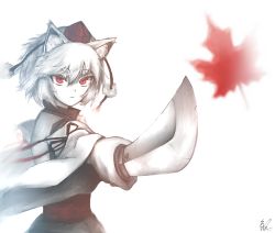 Rule 34 | 1641 (chfhrtor94), 1girl, animal ears, autumn leaves, expressionless, foreshortening, hat, holding, holding sword, holding weapon, inubashiri momiji, leaf, maple leaf, pom pom (clothes), red eyes, short hair, signature, simple background, solo, sword, tail, tokin hat, touhou, turtleneck, weapon, white background, white hair, wolf ears, wolf tail