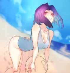 Rule 34 | 10s, 1girl, arched back, ball, beach, beachball, blue sky, blurry, breasts, casual one-piece swimsuit, cleavage, collarbone, covered erect nipples, day, depth of field, dutch angle, fisheye, hair intakes, kantai collection, leaning forward, md5 mismatch, medium breasts, nipples, one-piece swimsuit, outdoors, parted bangs, pink eyes, purple hair, resized, see-through, sky, smile, solo, swimsuit, tatsuta (kancolle), zuizi