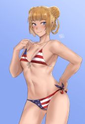 Rule 34 | 1girl, american flag bikini, analogue: a hate story, bikini, bikini pull, blonde hair, blue background, blue eyes, blunt bangs, blush, braid, breasts, clothes pull, commission, cowboy shot, double bun, flag print, gradient background, hair bun, hand on own hip, hunyan, looking at viewer, mute (analogue: a hate story), navel, small breasts, smile, solo, swimsuit, underboob
