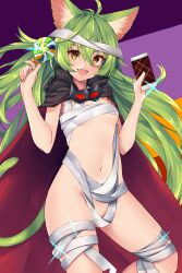 Rule 34 | 1girl, absurdres, animal ears, bandages, black cape, breasts, candy, cape, cat ears, cat girl, cat tail, character request, food, green hair, highres, holding, holding candy, holding food, holding lollipop, kida kuro mu, lollipop, long hair, navel, sennen sensou aigis, small breasts, stomach, swirl lollipop, tail, very long hair
