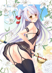 Rule 34 | 10s, 1girl, amatsukaze (kancolle), ass, babydoll, blush, breasts, brown eyes, covered erect nipples, cutlass, flower, garter straps, gradient background, highres, kantai collection, long hair, nipples, no panties, open mouth, pussy, see-through, sheath, sheathed, silver hair, small breasts, solo, thighhighs, topless, two side up, uncensored, yurina