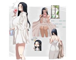 Rule 34 | &gt; &lt;, 1girl, absurdres, alternate costume, ass, black hair, chibi, chibi inset, closed eyes, coffee mug, collared shirt, covering with blanket, cropped legs, cup, dress, dress shirt, highres, holding, holding cup, invincible dragon (last origin), last origin, morning, mug, multiple views, no pants, oversized clothes, oversized shirt, parted bangs, rhlatm, shirt, shoulder blades, sleepy, straight hair, taut clothes, taut dress, trembling, under covers, white dress, white shirt