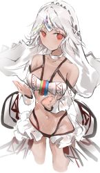 Rule 34 | 10s, 1girl, altera (fate), bad id, bad pixiv id, bare shoulders, breasts, closed mouth, collarbone, cowboy shot, dark-skinned female, dark skin, detached sleeves, fate/extella, fate/extra, fate/grand order, fate (series), feet out of frame, full-body tattoo, headdress, highres, hip focus, jewelry, midriff, navel, red eyes, short hair, simple background, small breasts, solo, tagme, tan, tattoo, thighs, white background, white hair, wide hips, yuuko (030 yuko)