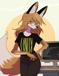 Rule 34 | absurdres, animal ears, black shirt, blue eyes, brown pants, clothes writing, desk, fox ears, fox girl, fox tail, furry, glasses, highres, jewelry, linux, merryhime, monitor, necklace, on desk, pants, shirt, sitting, on desk, system console, tail, transgender flag, xenia (linux)