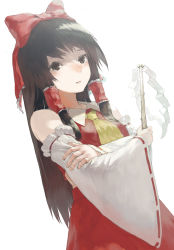 Rule 34 | 1girl, amo (silent bomb19), ascot, bad id, bad pixiv id, brown eyes, brown hair, detached sleeves, dutch angle, gohei, hair ribbon, hair tubes, hakurei reimu, highres, japanese clothes, long hair, long sleeves, looking at viewer, miko, ribbon, shirt, simple background, skirt, skirt set, solo, touhou, white background, wide sleeves