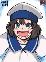 Rule 34 | 1girl, artist logo, black hair, blue eyes, bob cut, daitou (kancolle), dated, dress, hat, highres, kantai collection, one-hour drawing challenge, open mouth, sailor collar, sailor dress, sailor hat, shizuwaza, short hair, short sleeves, sidelocks, smile, solo, teeth, upper body, white dress