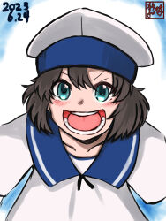 1girl artist_logo black_hair blue_eyes bob_cut daitou_(kancolle) dated dress hat highres kantai_collection logo one-hour_drawing_challenge open_mouth sailor_collar sailor_dress sailor_hat shizuwa_akira short_hair short_sleeves sidelocks smile solo teeth upper_body white_dress