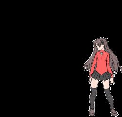 Rule 34 | 00s, 1girl, animated, animated gif, black hair, black thighhighs, blouse, bow, cross, fate/stay night, fate (series), full body, kicking, panties, pantyshot, print shirt, red shirt, shirt, skirt, solo, thighhighs, tohsaka rin, transparent background, turtleneck, twintails, two side up, underwear, upskirt
