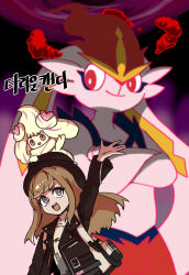 Rule 34 | 1girl, :d, alcremie, alternate costume, alternate hair length, alternate hairstyle, arm up, backpack, bag, black hat, black jacket, bright pupils, brown hair, cinderace, commentary, creatures (company), dynamax, game freak, gen 8 pokemon, gigobyte350, gloria (pokemon), grey eyes, happy, hat, highres, jacket, long hair, long sleeves, nintendo, open clothes, open jacket, open mouth, outdoors, pokemon, pokemon swsh, shirt, smile, teeth, upper teeth only, white pupils