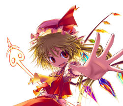 Rule 34 | 1girl, aozora market, blonde hair, fang, female focus, flandre scarlet, hat, laevatein, outstretched arm, outstretched hand, reaching, red eyes, side ponytail, solo, touhou, wings