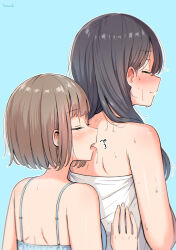 Rule 34 | 2girls, bare shoulders, betock, black hair, blue background, blush, bob cut, brown hair, closed eyes, closed mouth, commentary request, hair between eyes, highres, licking another&#039;s back, long hair, multiple girls, open mouth, original, short hair, spaghetti strap, sweat, tongue, tongue out, wavy mouth, yuri