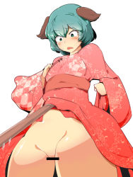 Rule 34 | 1girl, animal ears, bad id, bad pixiv id, bar censor, blush, censored, clothes lift, green eyes, green hair, hekiga (freelot), highres, japanese clothes, kasodani kyouko, kimono, kimono lift, looking down, no panties, open mouth, red robe, robe, short hair, simple background, solo, staff, thighs, touhou, white background