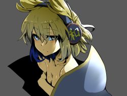 Rule 34 | 1girl, blonde hair, breasts, cape, cleavage, collarbone, commentary, earmuffs, grey background, looking at viewer, manekinekoppoi inu, naked cape, pointy hair, solo, topless, touhou, toyosatomimi no miko, yellow eyes
