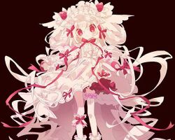 Rule 34 | 1girl, ahoge, alcremie, alcremie (strawberry sweet), alcremie (vanilla cream), black background, blush, bow, bridal garter, closed mouth, commentary, creatures (company), dress, food, frilled dress, frills, fruit, game freak, gen 8 pokemon, hair rings, head wings, hibi89, looking at viewer, nintendo, personification, pink hair, pokemon, red bow, red eyes, simple background, solo, strawberry, symbol-only commentary, white dress, wings