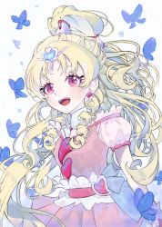 Rule 34 | 1girl, absurdres, amino (li0a4), belt, blonde hair, blush, brooch, bug, butterfly, cure tomorrow, earrings, floating hair, hair ornament, heart, heart brooch, heart hair ornament, high ponytail, highres, huge filesize, hugtto! precure, insect, jewelry, long hair, miniskirt, pink skirt, pleated skirt, precure, red eyes, short sleeves, skirt, solo, standing, very long hair