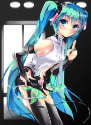 Rule 34 | 1girl, aqua hair, bridal gauntlets, character name, green eyes, hatsune miku, hatsune miku (append), highres, long hair, necktie, smile, solo, thighhighs, twintails, very long hair, vocaloid, vocaloid append, yagami shuuichi