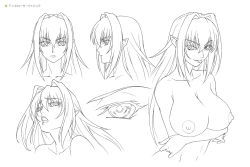 Rule 34 | 1girl, annerose vajra, blush, breasts, character sheet, curvy, female focus, kagami hirotaka, koutetsu no majo anneroze, large breasts, lilith-soft, long hair, looking at viewer, monochrome, multiple views, nude, smile