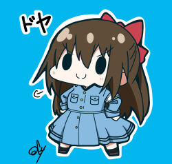 Rule 34 | 1girl, absurdres, armband, blue background, blue dress, bow, breast pocket, brown hair, chibi, chibi only, coat dress, commentary, doyagao, dress, hair between eyes, hair bow, half updo, hands on own hips, highres, long dress, long hair, long sleeves, love live!, love live! nijigasaki high school idol club, nijiyon, oofushi ao, osaka shizuku, outline, pocket, ponytail, puff of air, red bow, ryouran! victory road (love live!), sidelocks, signature, simple background, smile, smug, solid oval eyes, solo, split mouth, translated, v-shaped eyebrows, white armband, white outline