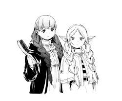 Rule 34 | 2girls, abe tsukasa, alternate hairstyle, belt, blunt bangs, braid, capelet, coat, dress, earrings, elf, fern (sousou no frieren), frieren, greyscale, hair brush, hair over shoulder, highres, holding, holding hair brush, jewelry, long hair, long sleeves, looking at another, looking at viewer, monochrome, multiple girls, pointy ears, simple background, smile, sousou no frieren, striped, twin braids, twintails, upper body