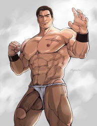 Rule 34 | 1boy, abs, bara, erection, highres, hydaria, male focus, muscular, pectorals, penis, scar, smile, solo, tagme, takuma sakazaki, testicles, the king of fighters, uncensored