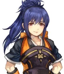 Rule 34 | 1girl, armor, blue hair, brown eyes, closed mouth, fire emblem, fire emblem fates, hairband, japanese clothes, jurge, long hair, nintendo, oboro (fire emblem), ponytail, short sleeves, simple background, smile, solo, upper body, white background