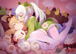 Rule 34 | 2girls, animal ears, blonde hair, blush, child, closed eyes, closed mouth, commentary request, fake animal ears, fake antlers, fake tail, genshin impact, gradient hair, green eyes, green hair, green hairband, green hoodie, grey hair, hair between eyes, hairband, highres, hood, hood down, hoodie, klee (genshin impact), low twintails, multicolored hair, multiple girls, nahida (genshin impact), no shoes, pantyhose, pointy ears, ponytail, profile, soles, streaked hair, stuffed animal, stuffed toy, tail, tsubasa tsubasa, twintails, white pantyhose