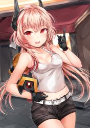 Rule 34 | 1girl, :d, absurdres, alternate costume, armpits, banana (girls&#039; frontline), bare shoulders, belt, black gloves, black shorts, blurry, blurry background, blush, breasts, buckle, cleavage, collarbone, commentary, cowboy shot, day, fang, girls&#039; frontline, gloves, hair between eyes, headgear, highres, holding, index finger raised, long hair, looking at viewer, m4 sopmod ii (girls&#039; frontline), medium breasts, megaphone, midriff, mod3 (girls&#039; frontline), multicolored hair, open mouth, outdoors, pink hair, red eyes, red hair, shirt, shorts, sidelocks, smile, solo, streaked hair, tank top, thighs, white shirt, zerocat