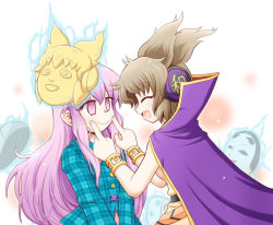Rule 34 | 2girls, bow, brown hair, cape, earmuffs, fingersmile, forced smile, hata no kokoro, headphones, hopeless masquerade, japanese clothes, long hair, long sleeves, manaka (pdx), mask, multiple girls, new mask of hope, open mouth, plaid, plaid shirt, purple eyes, purple hair, shirt, short hair, sleeveless, smile, star (symbol), touhou, toyosatomimi no miko, triangle, very long hair