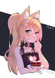 Rule 34 | 1girl, absurdres, alternate hairstyle, animal ear fluff, animal ears, black bra, blonde hair, bra, breasts, cake, cat cutout, cat ears, chinese commentary, choker, clothing cutout, dated, fischl (genshin impact), food, food on face, genshin impact, green eyes, hair ornament, highres, kemonomimi mode, licking, licking finger, long hair, meme attire, ponytail, ribbon choker, romoromo, simple background, small breasts, solo, underwear, upper body