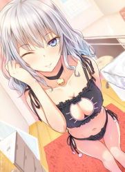 Rule 34 | 10s, 1girl, bell, black bra, black panties, blue hair, blush, bra, breasts, cat cutout, cat ear panties, cat lingerie, chest of drawers, choker, cleavage, cleavage cutout, clothing cutout, collarbone, desk, dutch angle, frilled bra, frills, hair down, tucking hair, indoors, jingle bell, kanden sky, kantai collection, kashima (kancolle), legs together, long hair, looking at viewer, medium breasts, meme attire, navel, neck bell, one eye closed, panties, paw print, rug, side-tie panties, silver hair, smile, solo, standing, thigh gap, underwear, underwear only, wavy hair, wooden floor