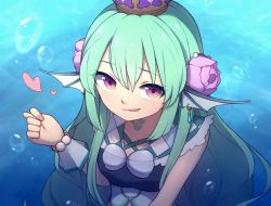 Rule 34 | 1girl, :p, air bubble, aqua hair, bubble, commentary, crown, english commentary, fig sign, finana ryugu, fins, fish girl, flower, hair between eyes, hair flower, hair ornament, head fins, heart, highres, long hair, looking at viewer, nijisanji, nijisanji en, pink eyes, smile, solo, speckticuls, tongue, tongue out, underwater, upper body, virtual youtuber, water