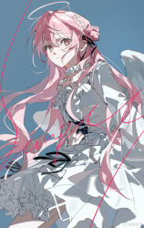 Rule 34 | 1girl, absurdres, angel wings, black bow, black ribbon, blue background, bow, chinese commentary, closed mouth, collar, collarbone, commentary request, commission, dress, frills, hair between eyes, hair ornament, hair ribbon, halo, highres, long hair, long sleeves, original, pink eyes, pink hair, qing yan xia, ribbon, sample watermark, solo, watermark, weibo watermark, white collar, white dress, white wings, wings, x hair ornament