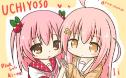 Rule 34 | 2girls, :o, ahoge, blush, borrowed character, brown background, brown eyes, brown jacket, character name, closed mouth, hair between eyes, hair bobbles, hair ornament, hairclip, heart, holding hands, ii (ayanepuna), interlocked fingers, jacket, long hair, long sleeves, multiple girls, neckerchief, original, outline, parted lips, pink hair, pink neckerchief, red sailor collar, ri-net, sailor collar, school uniform, serafuku, shirt, sleeves past wrists, twitter username, two side up, upper body, white outline, white sailor collar, white shirt