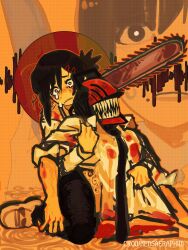 Rule 34 | 1boy, 1girl, artist name, black hair, black necktie, black pants, blood, blood on clothes, bloody weapon, chainsaw, chainsaw man, collared shirt, crownedsaeraph, crying, denji (chainsaw man), frown, hair ornament, hairclip, higashiyama kobeni, highres, holding, holding knife, hug, hug from behind, knife, looking at viewer, looking down, mole, mole under mouth, necktie, pants, sad, severed torso, sharp teeth, shirt, short hair, single sidelock, sleeves rolled up, teeth, weapon, white shirt, yellow theme