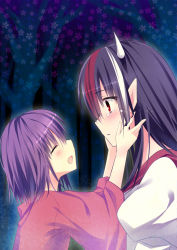 Rule 34 | 2girls, black hair, comforting, floral background, hands on another&#039;s face, highres, hisame (nekousatan), horns, japanese clothes, kijin seija, kimono, light purple hair, long hair, multicolored hair, multiple girls, open mouth, red eyes, red kimono, short hair, smile, sukuna shinmyoumaru, tears, touhou
