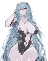 Rule 34 | 1girl, alternate breast size, alternate hairstyle, ayanami rei, blue hair, bodysuit, breasts, highres, large breasts, leotard, long hair, looking at viewer, navel, neon genesis evangelion, red eyes, skin tight, thick thighs, thighs, usa37107692, very long hair, wide hips