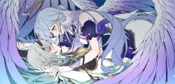 Rule 34 | 2girls, all fours, backless dress, backless outfit, black hairband, black jacket, blue dress, blue eyes, blue hair, blush, dress, earrings, eye contact, face-to-face, feathered wings, firefly (honkai: star rail), from side, girl on top, grey hair, hairband, halo, holding another&#039;s wrist, honkai: star rail, honkai (series), jacket, jewelry, long hair, looking at another, lying, multiple girls, neckerchief, on back, orange neckerchief, profile, purple wings, restrained, robin (honkai: star rail), sieka (piiroinardesco), wings, yuri