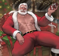 Rule 34 | 1boy, abs, bara, bare pectorals, beard, body hair, bulge, christmas, dopey (dopq), facial hair, gift, highres, large pectorals, male focus, manly, muscular, nipples, original, pectorals, santa claus, santa costume, simple background, solo, spread legs, thick thighs, thighs, topless male