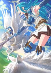 Rule 34 | 2girls, armor, belt, blue gloves, blue hair, blue sky, breastplate, brown skirt, circlet, cloud, commentary request, farina (fire emblem), fingerless gloves, fiora (fire emblem), fire emblem, fire emblem: the blazing blade, flying, gloves, highres, holding, holding polearm, holding weapon, illustman (u ip8s), long hair, multiple girls, nintendo, open mouth, pegasus, pegasus knight uniform (fire emblem), polearm, skirt, sky, smile, standing, teeth, upper teeth only, waving, weapon, white fur, white wings, wings
