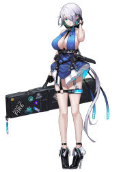 Rule 34 | 1girl, absurdres, alternate costume, aqua eyes, belt, between breasts, black belt, black footwear, black gloves, blue dress, boots, breasts, brid (nikke), center opening, character name, cleavage, colored inner hair, commentary, dress, earrings, full body, gloves, glowing, glowing earrings, goddess of victory: nikke, green hair, grey hair, hair between eyes, hair over one eye, half gloves, hand in own hair, high heel boots, high heels, highres, holding case, jewelry, large breasts, lips, looking at viewer, mole, mole on breast, multicolored hair, multiple belts, o-ring strap, parted lips, ponytail, short dress, short hair with long locks, simple background, skindentation, smile, solo, standing, sticker, strap between breasts, thigh strap, thighs, two-tone hair, weapon case, white background, wing (wingho)
