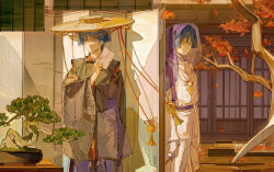 2boys absurdres black_kimono blue_hair bonsai chinese_commentary closed_mouth commentary_request dual_persona genshin_impact hat highres holding holding_paper japanese_clothes jewelry kimono kuronushi_(genshin_impact) leaf lic_617 long_sleeves male_focus multiple_boys necklace paper plant purple_veil scaramouche_(genshin_impact) scaramouche_(kabukimono)_(genshin_impact) time_paradox tree veil wide_sleeves