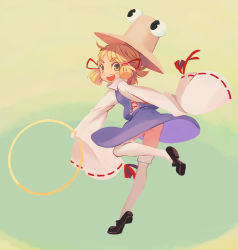 Rule 34 | 1girl, ass, blonde hair, blush, blush stickers, from side, full body, gradient background, hair ribbon, hat, jean (jean sp), long sleeves, looking at viewer, moriya&#039;s iron rings, moriya suwako, open mouth, ribbon, shirt, shoes, short hair, skirt, skirt set, sleeves past wrists, smile, solo, thighhighs, touhou, tress ribbon, turtleneck, upskirt, vest, white thighhighs, wide sleeves, yellow eyes