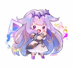 Rule 34 | 1girl, :d, bracelet, chibi, dress, highres, hololive, hololive english, jewelry, koseki bijou, koseki bijou (1st costume), long hair, open mouth, own hands together, purple eyes, purple hair, shibedraws, simple background, smile, solo, standing, twitter username, very long hair, virtual youtuber, white background, white dress